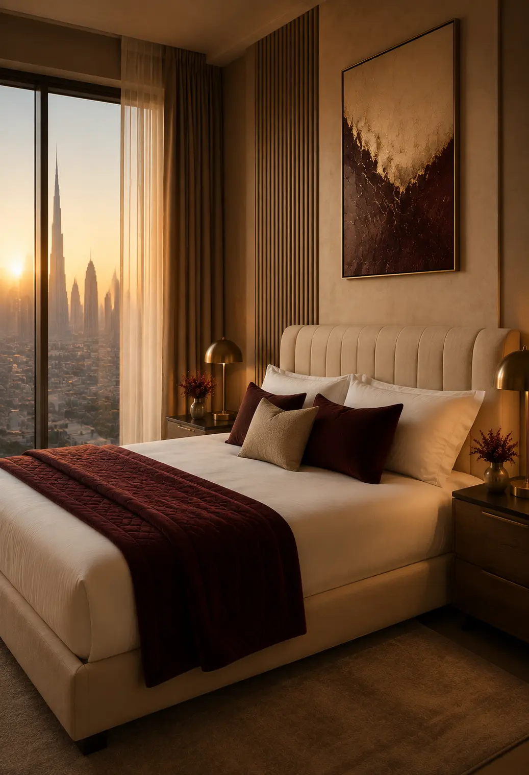 Guest-ready Travynex Stay bedroom with warm ivory, burgundy and gold styling